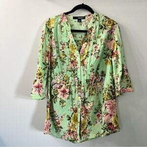 Denim 24/7 Green & Pink Short Sleeve Floral Pintuck Cotton Button Down Shirt 16W